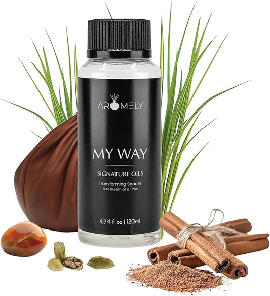 AROMELY My Way Diffuser Oil Blend | Luxury Home Fragrance Oil for Diffusers | Inspired by 1 Hotel | Signature Scent with Notes of Leather, Cardamom, Lemon, Cedarwood, Iris & Amber | 120ml