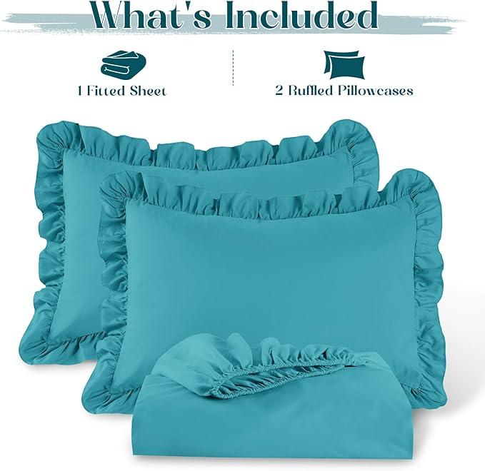Homiest 3-Pieces Ruffle Pillow Case & Fitted Sheet Set, Teal Blue King Sheets with 2 Ruffled Pillow Shams, 15 Inch Deep Pocket, Cute & Coquette Microfiber Bed Set for Decorating Bedroom Hotel