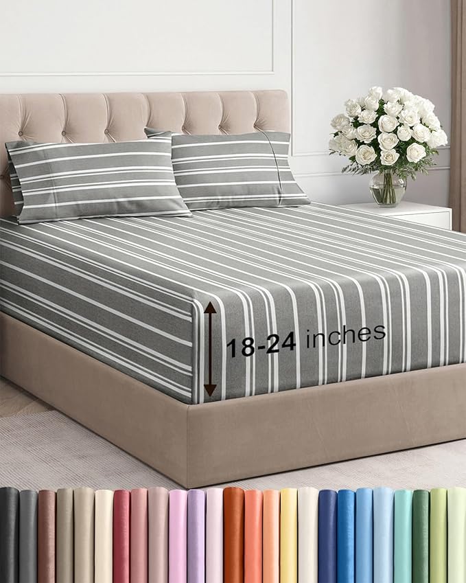 Extra Deep Queen Sheet Set - 4 Piece Breathable & Cooling Bed Sheets - Easily Fits 18 - 24 inch Mattress - Ultra Soft, Wrinkle & Fade Free w/ Extra Deep Pockets - Hotel Luxury Bedding - Grey Stripes 3