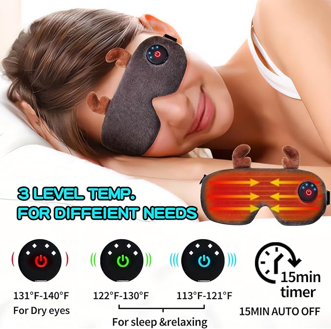 Cordless Heated Eye mask,Cute Sleep Eye mask for Women,USB Rechargeable Heating Eye pad with Battery Indicators,Warm Eye Compress for Relief Dry Eyes,Stye,Electric Christmas Gift (Brown)