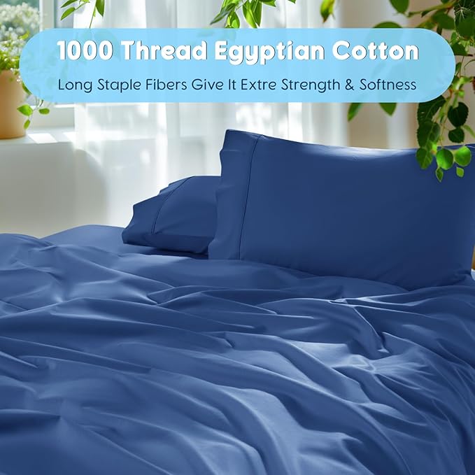 SONORO KATE 100% Egyptian Cotton Sheets Set - 1000 High Thread Count, Luxury 5-Star Hotel Sateen Bed Sheets, Soft, Breathable Long Staple Sheets, Fit up to 16" - 4 PC (Navy Blue,California King)