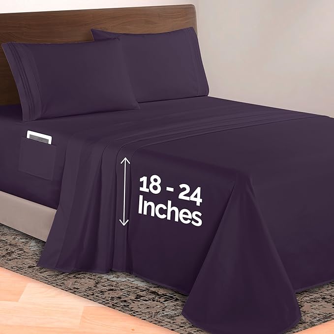 Elegant Comfort Luxurious 1500 Premium Hotel Quality Microfiber 4-Piece Sheet Set, 18-24 Inches Deep - Extra Deep Pocket Sheets - Ultra Soft 4PC Deep Pocket Sheets, Full, Eggplant-Purple
