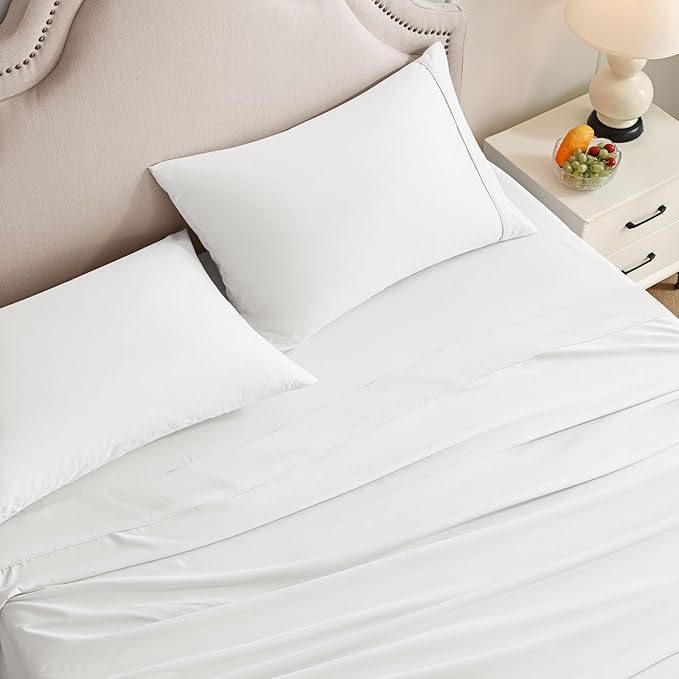 Twin Sheets Set, 3 Pieces Hotel Luxury Soft Microfiber Bed Sheets Set, Up to 16" Deep Pockets, Oeko-Tex Sheets with Elastic, Breathable, Wrinkle Free(White,Twin)