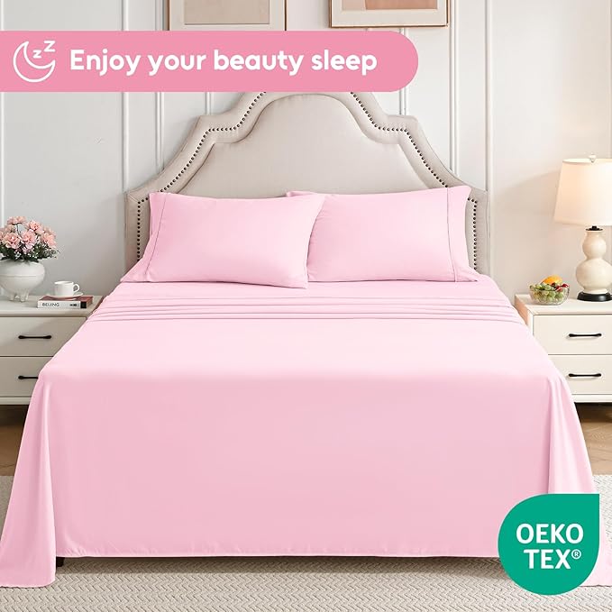 Twin XL Sheets Set, 3 Pieces Hotel Luxury Soft Microfiber Bed Sheets Set, Up to 16" Deep Pockets, Oeko-Tex Sheets with Elastic, Breathable, Wrinkle Free (Light Pink, Twin XL)