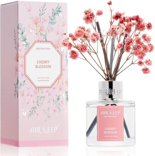 Airkeep Reed Diffuser Set,1.69 fl oz (50 ml) - Cherry Blossom Oil Diffusers with 8 Reed Sticks,Home Fragrance Reed Diffuser for Bathroom Shelf Decor