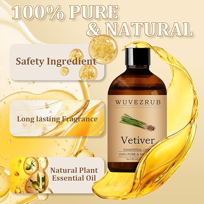 Vetiver Essential Oil– Huge 5 Fl Oz, 100% Pure and Natural Essential Oils for Diffuser, Aromatherapy, Soap and Candle Making, Premium Grade Vetiver Oil-150ML