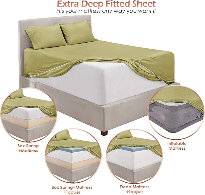 Hearth & Harbor Extra Deep Pocket Sheets - Fits Mattress 18-24 Inches Deep - Extra Deep Pocket Split King Size Sets - 7 Piece Split King Size - Sage