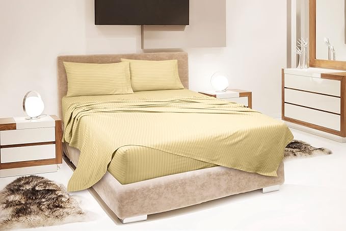 ROYALE LINENS 4 Piece Full Sheets Set - Soft Brushed 1800 Microfiber Bedding - 1 Fitted, 1 Flat Sheet, 2 Pillow Cases - Wrinkle Free & Fade Resistant - Hotel Luxury Bed Sheets (Stripe Sand, Full)