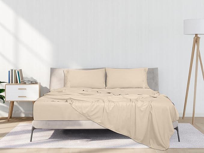 ROYALE LINENS 3 Piece Twin XL Sheets Set - Soft Brushed 1800 Microfiber Bedding - 1 Fitted and 1 Flat Sheet, 1 Pillow case - Wrinkle Free & Fade Resistant - Hotel Luxury Bed Sheets (Sand, Twin XL)