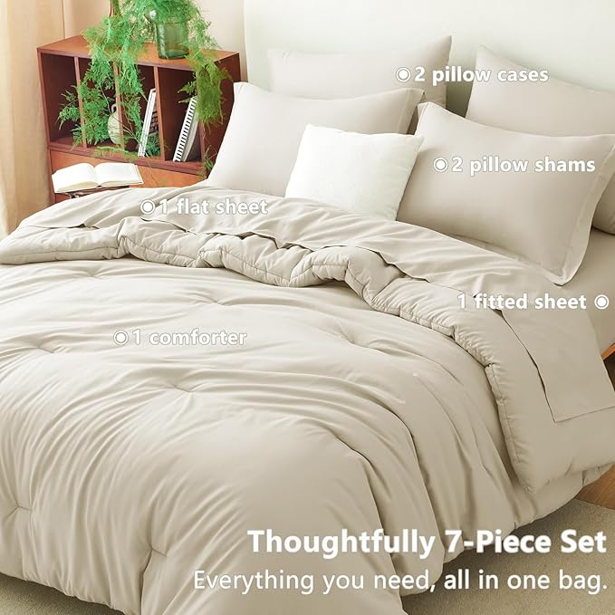 CozyLux King Size Comforter Set Oatmeal, 7 Pieces Bed in a Bag King Comforter Set with Sheets, Luxury Soft Bedding Sets with Down Alternative Comforter, Fitted Sheet, Flat Sheet, Pillowcases & Shams