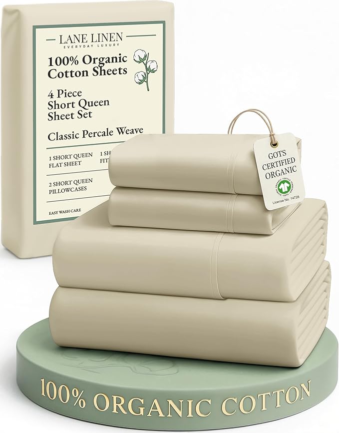 LANE LINEN RV Queen Sheets Set - 100% Organic Cotton Camper Sheet Sets 15" Deep Pocket Fitted (Short Linen)