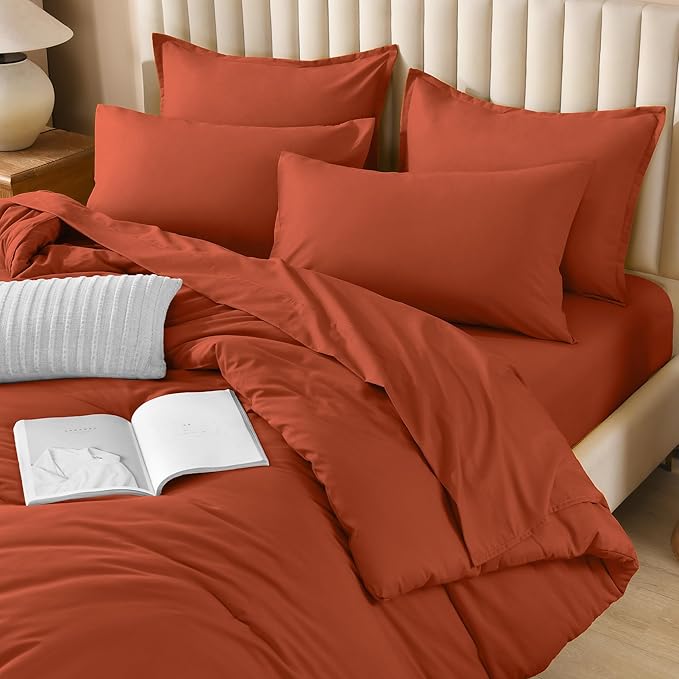 Litanika Oversized King Comforter Sets Burnt Orange - 7 Pieces Bed in a Bag Oversized King Bedding Comforter Sets, Solid Lightweight Bed Set with Comforter, Sheets, Pillowcases & Shams