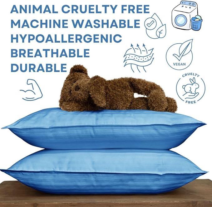 kinder Fluff Toddler Pillow 2X–Certified Hypoallergenic Award Winning Baby Pillow (no Pillowcase Needed) 300TC Pure Cotton Shell and Down Alternative Fill. Toddler Bedding Kids Pillow 2+ Blue
