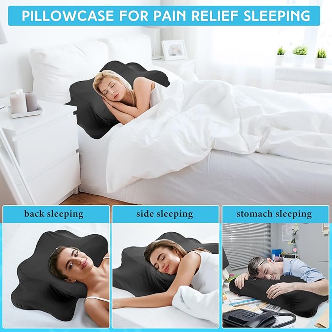 Hahafelt 2 Pcs Cooling Cervical Pillowcase with Zipper (Only Pillowcase) Ergonomic Cervical Neck Pillow Cover Breathable Cool Pillow Case for Side Back Stomach Sleepers(Black,Standard Size)