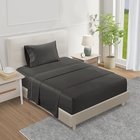 100% Egyptian Cotton Twin Sheets Set, 800TC Sateen Weave 3PC Twin Bed Sheets, Fully Elasticated Sheet & Pillowcase Sets, 15" Deep Pocket No lint Machine Washable Grey Sheet, Fade Resistant - Charcoal