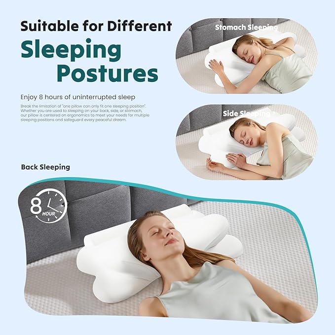 NEWBULIG Cervical Neck Pillow - Ergonomic Memory Foam Pillow for Neck Pain Relief, Contour Orthopedic Bed Pillow for Side, Back & Stomach Sleepers with Neck Support, 25.81" Lx14.6 W, White
