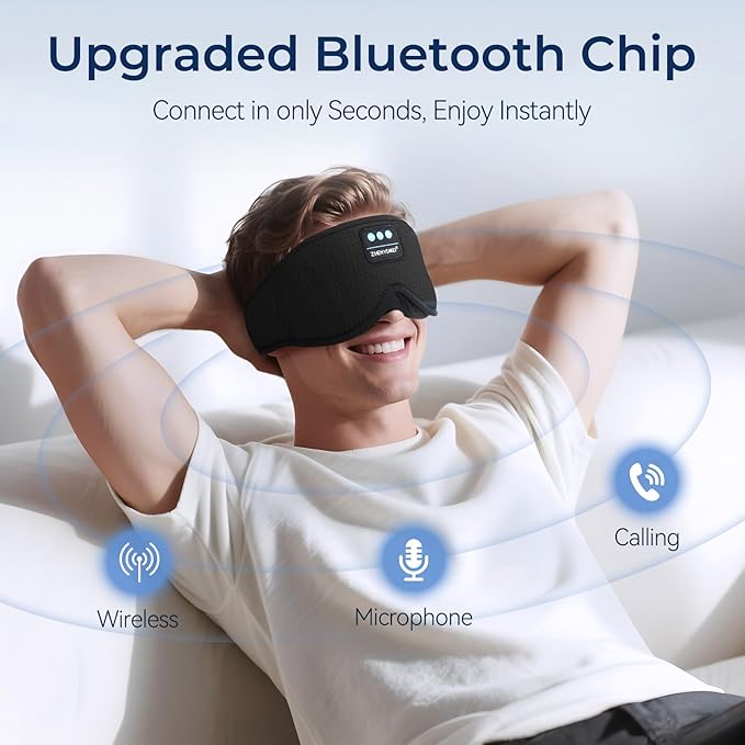 3D Sleep Mask with Bluetooth Headphones, Breathable Cotton Sleeping Headphones for Side Sleepers, Wireless Music Eye Mask with Timer, Gifts for Men Women, Black