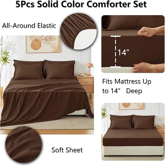 CozyLux Twin XL Comforter Set Brown, 5 Pieces Bed in a Bag Twin Extra Long Comforter Set with Sheets for College Dorm, Luxury Bedding Sets with Down Alternative Comforter, Sheets, Pillowcase & Sham