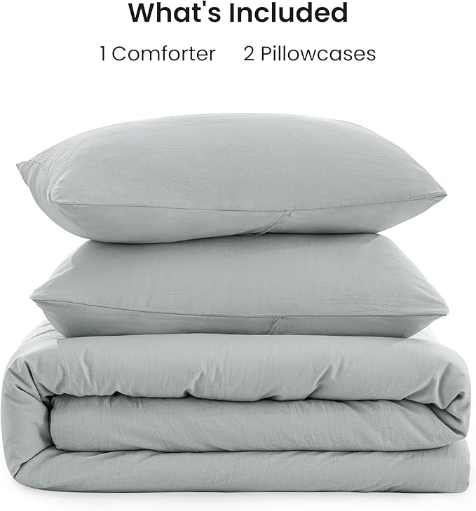 Love's cabin Full Size Comforter Set Light Grey, 3-Piece 90% Polyester 10% Linen Blend Bedding Set, Linen-Look Textured Stripe, Down Alternative All-Season Comforter with Pillow Shams | Soft, Breathable, Lightweight