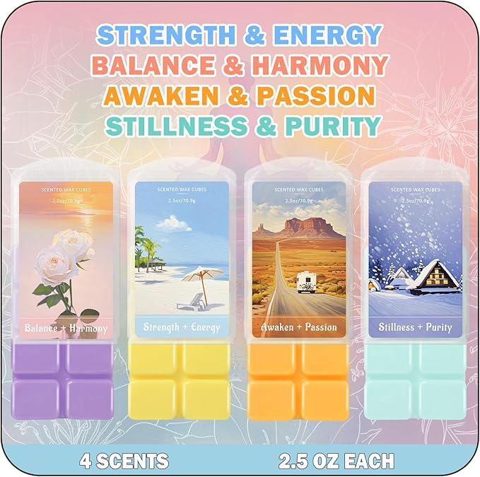 SCENTORINI Wax Melts, Wax Cubes Strong Scent for Healing Relax, Scented Wax Melts for Warmer - Lemon Green Tea/Strawberry Blackcurrant/Raspberry Orange/Ocean Grass Bellflower, 2.5 oz 4-Pack