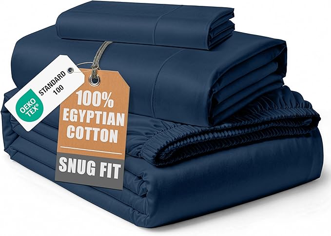 LANE LINEN 100% Egyptian Cotton Bed Sheets Twin Size, Long Staple Mercerized Cotton Bedding Sheets, Luxury Hotel Like Thick 15 inch Deep Pocket Sheets Set, Reinforced French Seams - Estate Blue