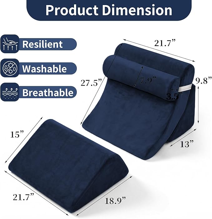 4PCS Orthopedic Bed Wedge Pillow Set for Post Surgery&Pain Relief,Adjustable Wedge Pillow for Back,Acid Reflux,Sitting up in Bed,Recovery,Snoring,Body Pillow for Sleeping (Navy)