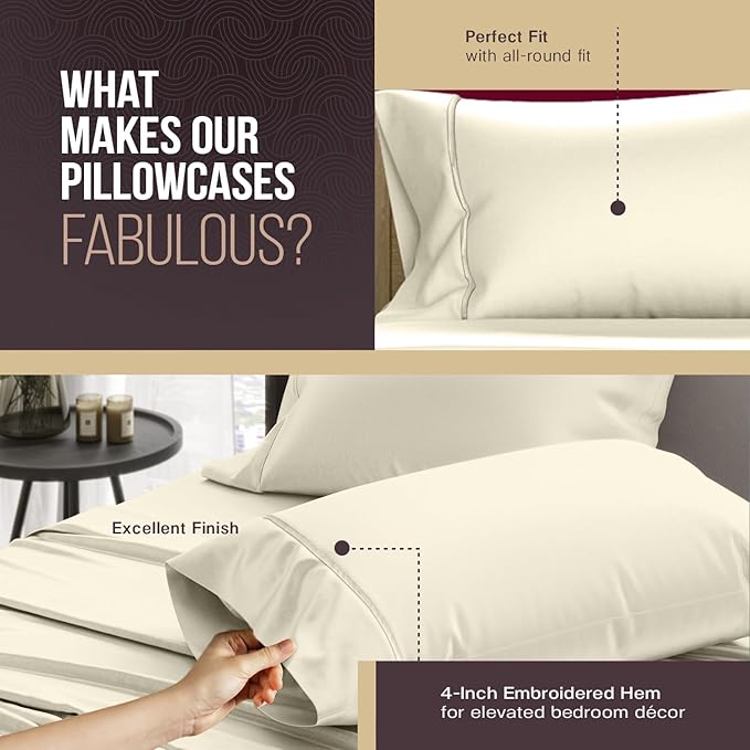 TEXAS LINEN CO. 100% Egyptian Cotton Pillowcases Queen Size Set of 2 - Luxury Snoozin' Supreme Collection 2000 Series Standard/Queen Pillow Cases, Envelope Closure Hotel Pillowcase (21 x 32, Ivory)