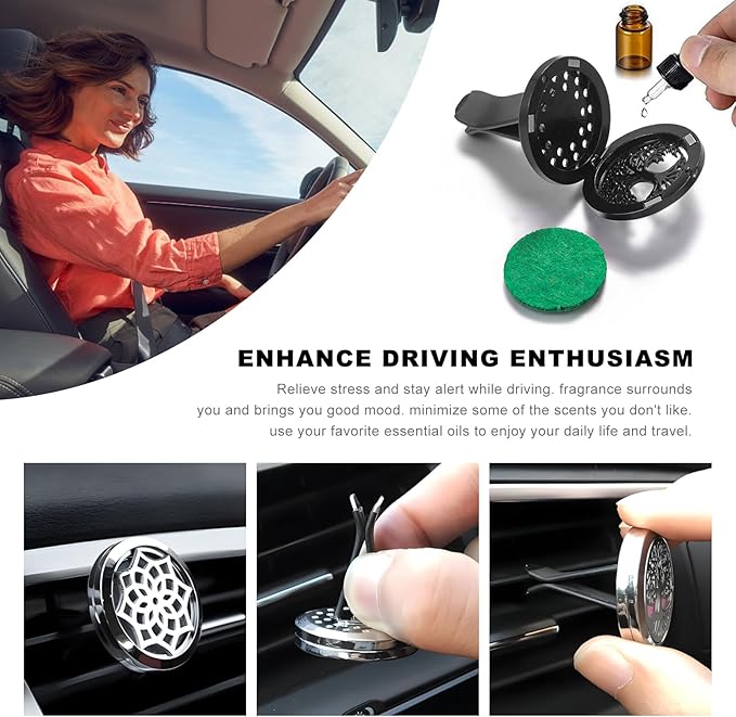 KVAEY 2PCS 30mm Car Diffuser Vent Clips, Tree of Life Aromatherapy Essential Oil Diffuser Locket with 12 Felt Pads, Stainless Steel Car Diffuser Locket Air Freshener (Style 2)