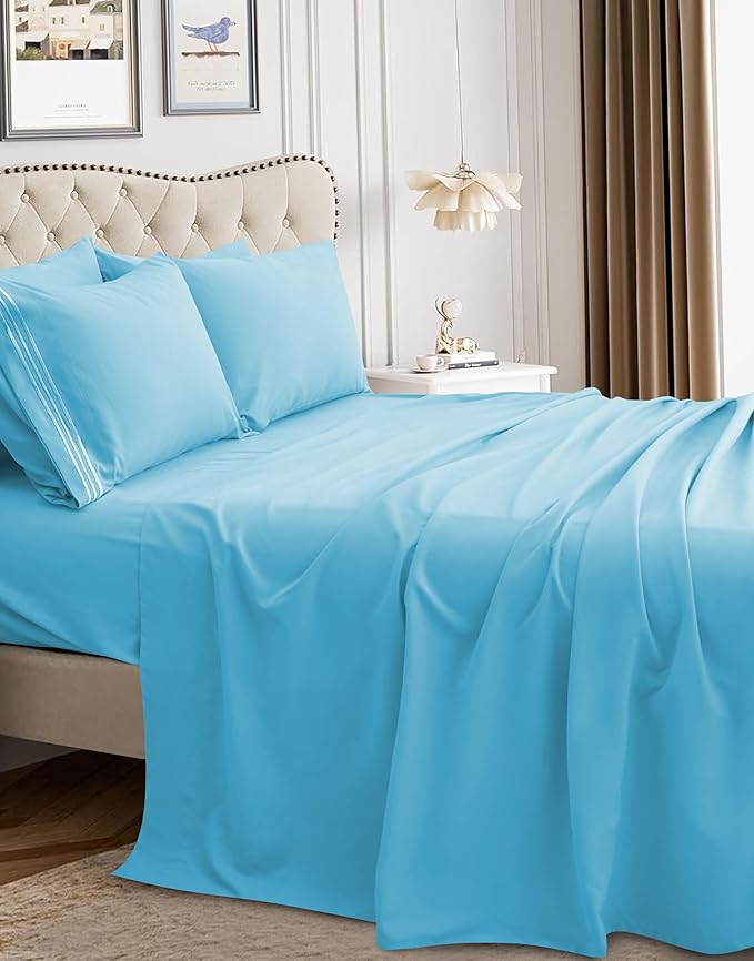 Mocassi Luxury Twin 4-Piece Sheet Set - 1800 Premium Hotel Quality - Easy-Fit, Wrinkle, Fade Resistant Bed Sheets and Pillowcases - All Around Elastic Fitted Sheet, Deep Pocket, Aqua