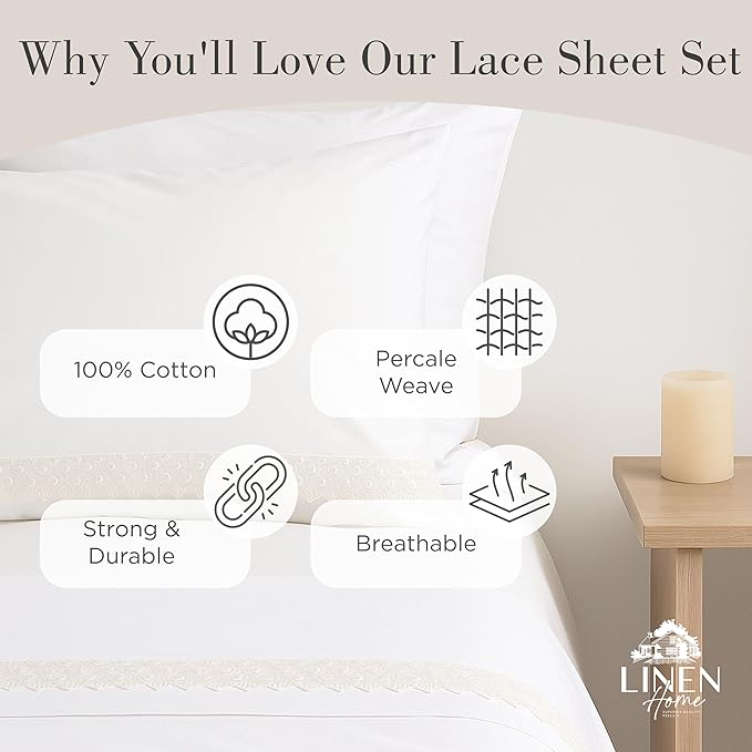 Linen Home 100% Cotton Percale Floral Scallop Lace Pillowcases King Size, White, 2 Pieces of Pillow Case, Crisp and Cool Strong Bed Linen, 20 inches X 40 inches