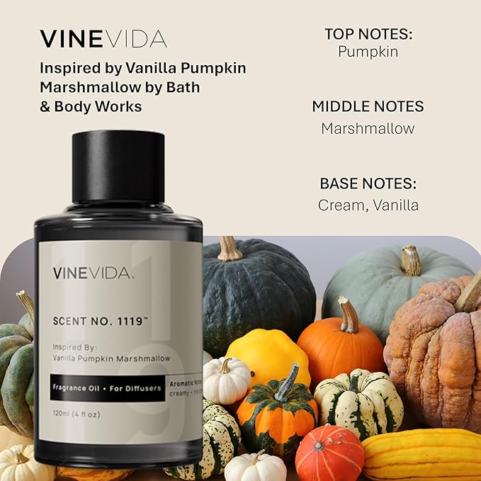 VINEVIDA [4 Fl Oz] Scent NO. 1119 Fragrance Oil for Cold Air Diffusers, Aromatic Notes of Marshmallow Cream Pumpkin, Essential Oils for Diffuser Oil Refill & Air Freshener Room Spray