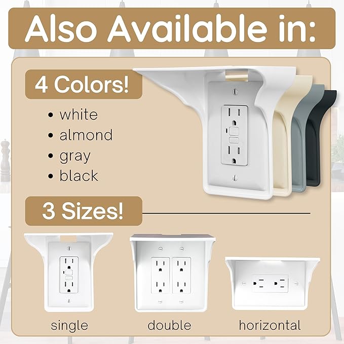 Power Perch Double Wall Outlet Shelf with Cord Storage Strap - Declutter & Reclaim Bedroom Counter Space - Alexa Stand, Apple HomePod Shelf, Toothbrush Holder for Bathroom - White, 1-Pack