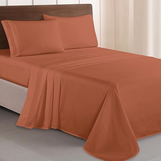 Elegant Comfort Luxurious 1500 Premium Hotel Quality Microfiber Three Line Embroidered Softest 4-Piece Bed Sheet Set, Wrinkle and Fade Resistant, Queen, Coral
