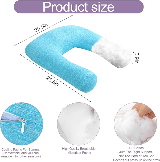 HOMBYS Cooling U Shaped Pillow for Neck, Contour Shoulder Pillow for Side Sleepers, Ergonomic Body Pillows for Adults, Hug Pillow with Washable Cover for Back, Shoulder Pressure Reduce (Light Blue)