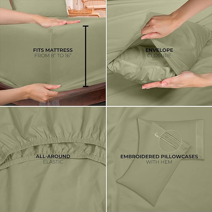 ROYALE LINENS 3 Piece Twin Sheets Set - Soft Brushed 1800 Microfiber Bedding - 1 Fitted and 1 Flat Sheet, 1 Pillow case - Wrinkle Free & Fade Resistant - Hotel Luxury Bed Sheets (Sage Green, Twin)