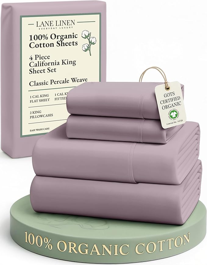 LANE LINEN 100% Organic Cotton Cal King Size Bed Sheets, Sustainably Produced Okeo Tex Certified California King Cotton Sheets, Luxury Hotel Percale Soft & Comfy Comes in Variety of Colors -Lilac