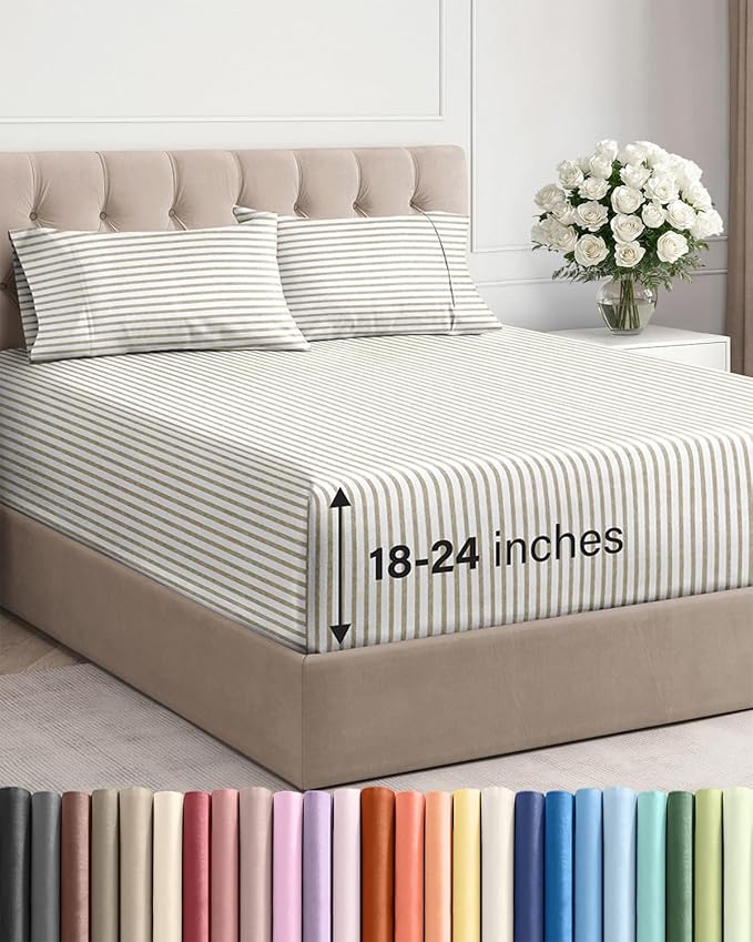 Extra Deep Cal King Sheet Set - 4 Piece Breathable & Cooling Bed Sheets - Easily Fits 18 to 24 inch Mattress - Soft, Wrinkle & Fade Free w/ Extra Deep Pockets - Hotel Luxury Bedding - Beige Stripes 2