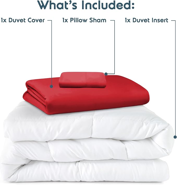 Nestl Twin Duvet Cover Set with Comforter Insert - Red 3 Piece 68x90 Duvet Cover & 1 Pillow Sham with White Quilted Down Alternative Comforter, Ultra Soft, All Season
