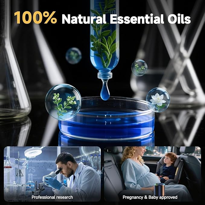 Smart Car Air Freshener with Star Light & 200ml Diffusers Oil Refills, Auto On/Off Aroma Diffuser, 3 Adjustable Mist Modes Rechargeable Aromatizante para Carro - Car Diffuser（Mahogany Teakwood*4）