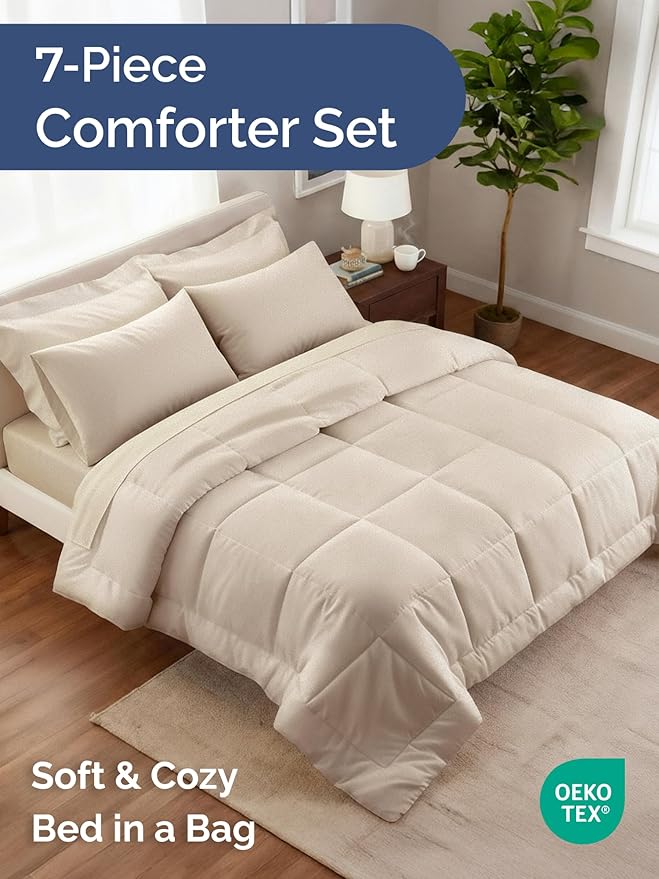 King Comforter Set - 7 Piece Bed in a Bag King Size Bed Set - Down Alternative Comforter, Flat Sheet, Fitted Sheet, Pillowcase & Shams for All Seasons - Ultra Soft, Cozy, Comfy and Breathable - Wheat