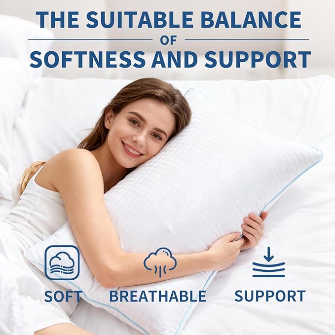 Bed Pillows Queen Size Set of 2, Soft Fluffy and Supportive Hotel Collection Pillows 2 Pack for Side and Back Sleeper, Filled with Down Alternative Microfiber