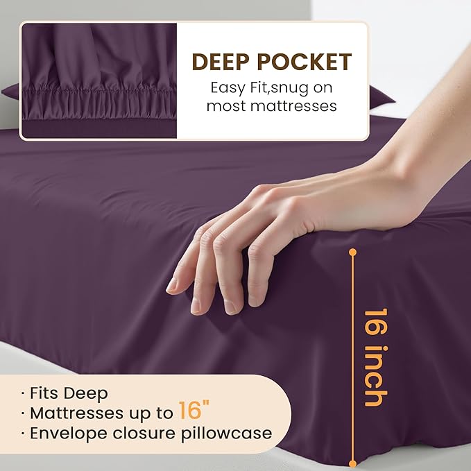 King Size 4 Piece Sheet Set - Comfy Breathable & Cooling Bed Sheets Set, Soft and Wrinkle Free, Deep Pockets, Easy & Secure Fit, Hotel Luxury Bedding for Women, Men - Oeko-Tex - Purple