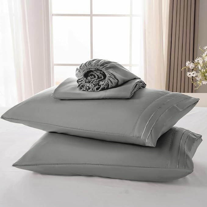 ROSE&RISY Light Grey Full Sheet Set, 4 Pieces Soft Bedding Queen Sheet Set, Breathable and Cooling, Includes 1 Fitted Sheet, 1 Flat Sheet, 2 Pillow Cases - Deep Pocket (Light Grey, Full)