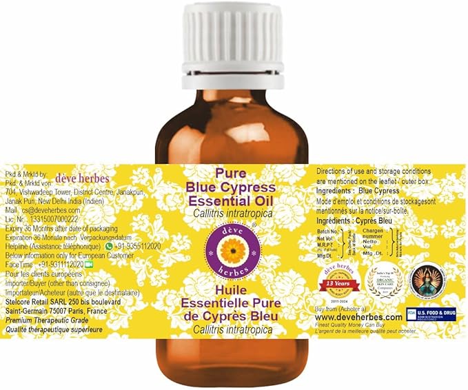 dève herbes Pure Blue Cypress Essential Oil (Callitris intratropica) Natural Therapeutic Grade Steam Distilled 10ml (0.33 oz)