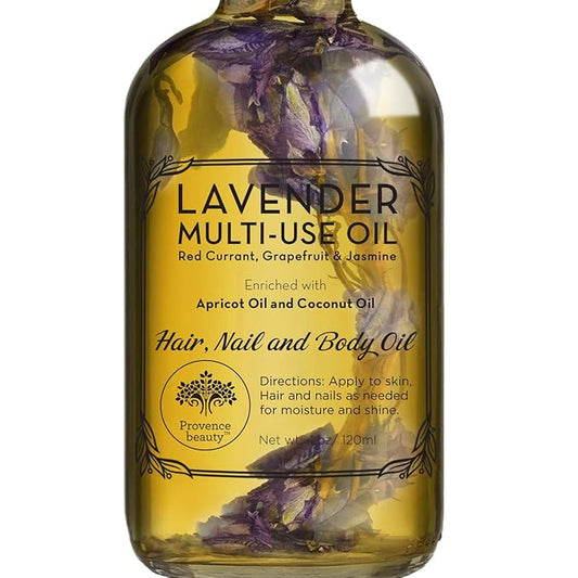 BEAUTE DE PROVENCE Lavender Multi-Use Oil for Face, Body and Hair - Organic Blend of Apricot, Vitamin E, Fractionated Coconut and Sweet Almond Oil Moisturizer for Dry Skin, Scalp and Nails - 4 Fl Oz