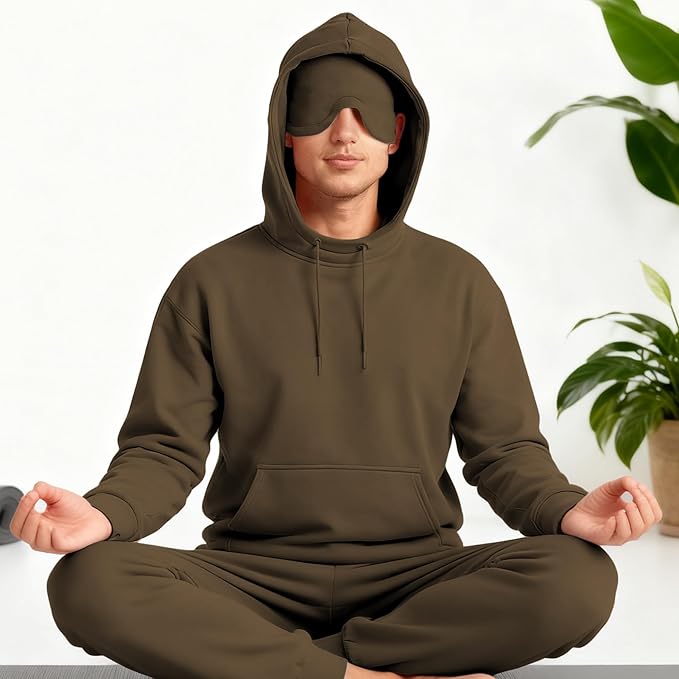 Ainangua Mens Oversized Pullover Essentials Hoodie with Eye Mask Built In Comfor Airplane Mode Travel Sleep Wearable Blanket