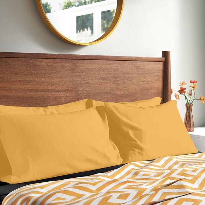 YIYEA Pillow Cases Standard Size Set of 4, Ultra Soft 1800TC Hotel Quality Double Brushed Microfiber Embroidered Pillowcases, Envelope Closure, Fade Resistant (20"x26", Yellow)