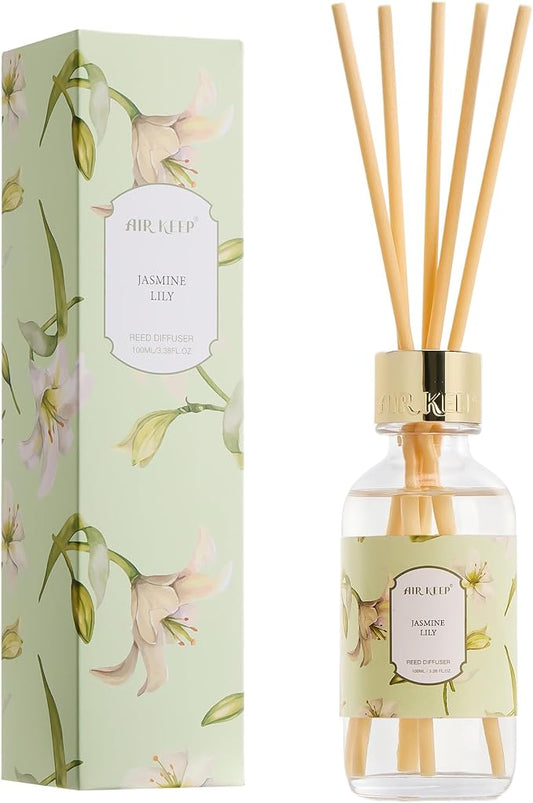 Airkeep Reed Diffuser Oil Set with Reed Sticks,Jasmine Lily Aromatherapy Oil Scent Diffuser for Home Office Bathroom Decoration Perfume and Gifts 3.38 oz/100ml