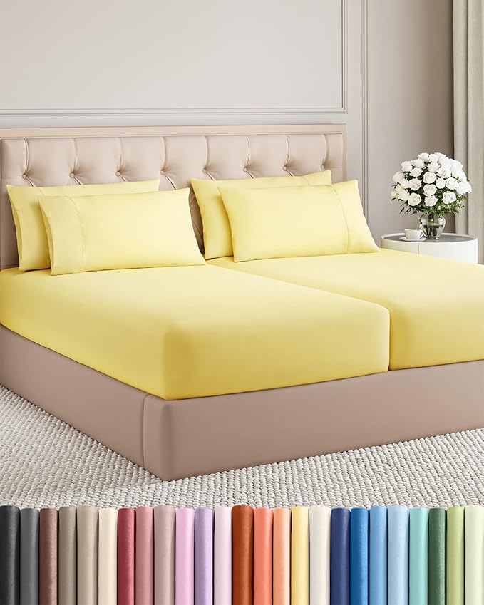 Split King 7 Piece Sheet Set - Comfy, Breathable & Cooling - Soft Hotel Luxury Bedding for Women, Men, Kids, Teens and Children - 1 Flat & 2 Fitted Sheets & 4 Pillowcases with Deep Pockets - Yellow