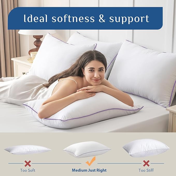 JOLLYVOGUE Pillows Queen Size Set of 1, Washable Supportive Single Bed Pillow with Super Soft Down Alternative Fill, Luxury Fluffy Hotel Quality for Side, Back, and Stomach Sleepers